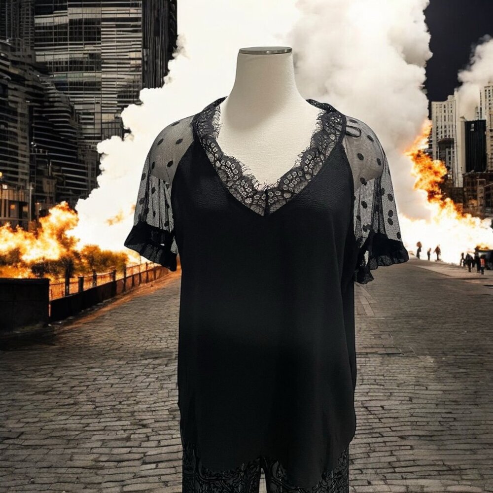 Black Lace & Mesh Top L Whimsygoth Retro Boho Chic Dark Academia Feminine Dreamy